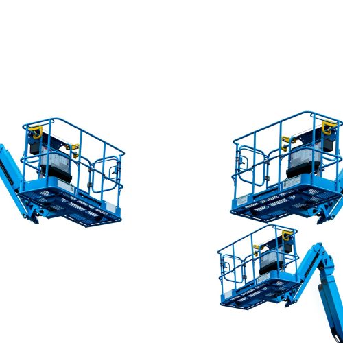 Articulated boom lift. Aerial platform lift. Telescopic boom lift isolated on white. Mobile